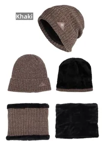 Detail of khaki chenille knit beanie and neck warmer set with thick plush fleece lining