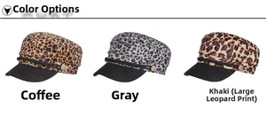 Detailed view of three leopard print newsboy caps in coffee, grey, and khaki colors