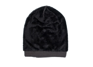 Close-up of thick black fleece lining and textured knit pattern on the warm beanie hat