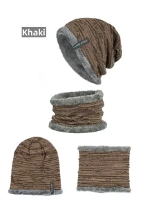 Detailed view of khaki winter knit hat and neck warmer set with thick plush fleece lining
