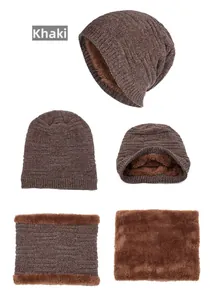 Détail du bonnet et du tour de cou en chenille kaki avec doublure polaire épaisse et chaude