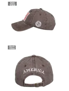 Dettaglio del berretto in cotone lavato con ricamo USA laterale e scritta America sul retro