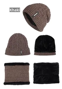 Khaki cable-knit hat and neck warmer set with warm black fleece lining detail