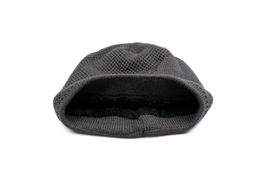 Close-up of thick fleece lining and embossed wheat pattern on dark grey knit beanie