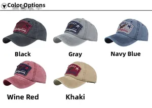 Detailed display of five colors of vintage washed cotton baseball caps with eagle patches