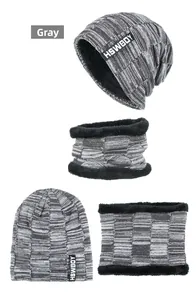 Close-up of winter knit hat and neck warmer set with thick plush lining and grey pattern