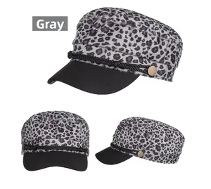 Three-angle views of grey leopard print cadet cap with black brim and rope detail