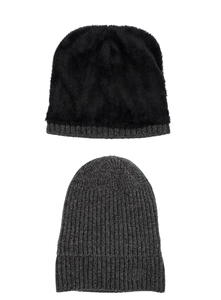 Close-up of dark grey ribbed knit beanie with thick black faux fleece lining for winter warmth