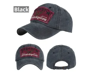 Detailed views of a vintage washed black baseball cap with eagle patch and metal buckle