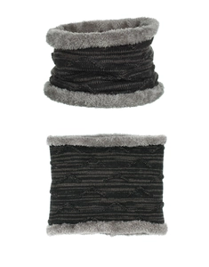 Close-up of winter neck warmer with wavy knit pattern and thick grey fleece lining