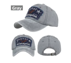 Detailed views of grey baseball cap featuring vintage eagle patch and metal adjustment buckle