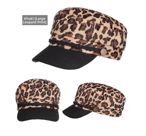 Three-way view of a khaki leopard print cadet cap with black brim and braided rope