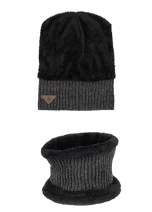 Detailed knit texture of dark gray winter beanie and fleece-lined neck gaiter set