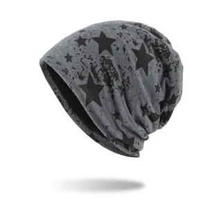 Bonnet Retombant Imprimé Étoiles pour Hommes Femmes Doublé Polaire Tricoté Hiver Chaud Mélange de Coton Streetwear Mode