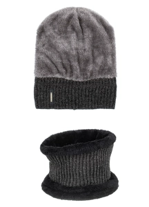 Close-up of winter cable knit beanie and scarf set with thick plush fleece lining