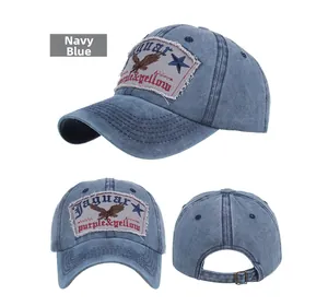 Detailed views of navy blue baseball cap with eagle patch embroidery and metal buckle