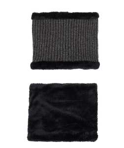 Detail of gray knit neck warmer with thick black faux fur lining for winter warmth