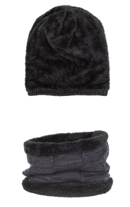 Detailed view of black plush knit beanie and textured neck warmer set with thermal fleece lining