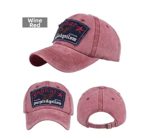 Detailed views of burgundy cotton baseball cap with embroidered eagle patch and metal buckle