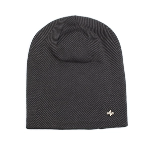 Dark grey knit beanie with herringbone texture and silver diamond H logo plate