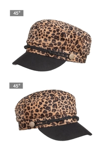 Detail view of leopard print military cap with braided rope and metal buttons from side angles