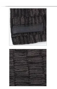 Detail of thick knit checkered texture and HSWBOY woven label on winter beanies