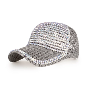 Casquette de baseball tissée grise pour femme avec strass scintillants sur le bord devant