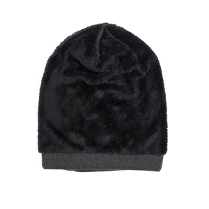 Winter thermal knit beanie hat with thick black faux fleece lining in dark grey ribbed fabric