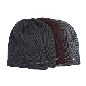 Herringbone knit beanie hats for women with metallic H label in five assorted colors