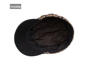 Detailed internal view of leopard print baker boy hat with black lining and sweatband