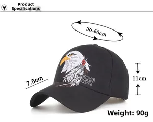 Detail of embroidered eagle head and Native Pride text on a black cotton baseball cap