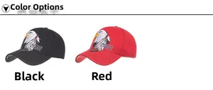 Detail of embroidered eagle head and Native Pride text on black and red baseball caps