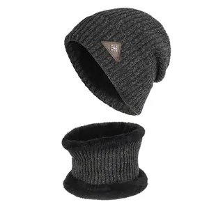 Winter Beanie Hat And Neck Warmer Set Thick Chenille Knitted Fleece Lined Snowflake Leather Patch Hat Scarf Set Unisex