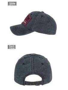 Detail view of washed cotton baseball cap with red eagle patch and adjustable metal buckle