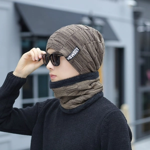 Detailed view of brown fleece-lined winter beanie and neck warmer set with checkered knit