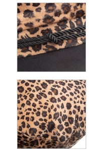 Macro detail of the leopard print faux fur texture and black braided rope decoration