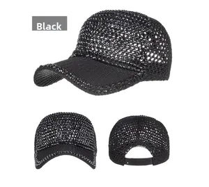 Vues détaillées d'une casquette de baseball noire pour femmes ornée de strass brillants