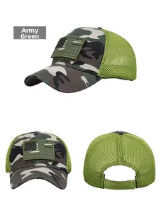 Armygrüne Camo-Baseballkappe mit US-Flaggen-Patch und Netzgewebe in drei Ansichten