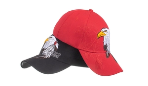 Detailed close-up of colorful eagle head embroidery on cotton twill baseball caps