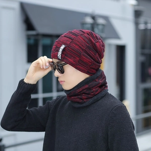 Winter red and black mixed knit hat and neck warmer set with warm fleece lining