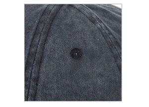 Detailed close-up of dark grey cotton twill fabric with precision stitching and eyelet