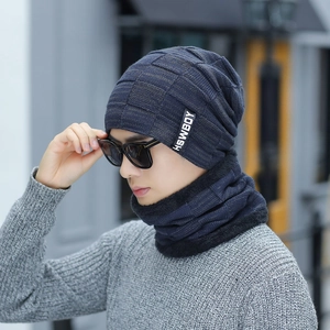 Winter thermal knit beanie and neck gaiter set with thick fleece lining in dark blue