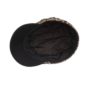 Women's leopard print baker boy hat with black flat brim and soft velvet texture