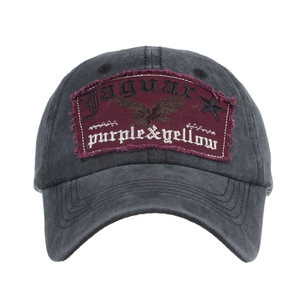 Vintage washed black cotton baseball cap with eagle patch and gothic embroidery detail
