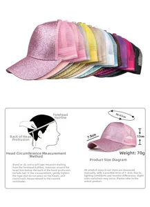 Detaillierte Größentabelle für Glitzer Mesh Cap mit Kopfumfang 56-62cm und Maßen