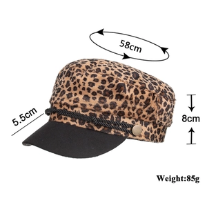 Leopard print military flat top cap for women with black brim and gold button details