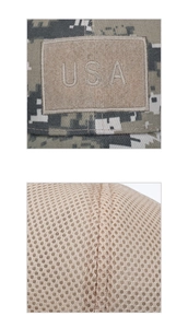 Detail von USA Stickerei-Patch auf Camo-Stoff und atmungsaktivem Mesh-Rücken der Kappe