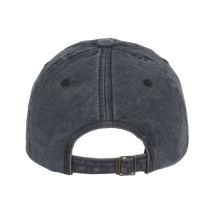 Adjustable dark grey washed cotton baseball cap with vintage metal buckle back view