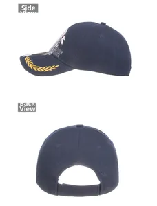 Vista laterale e posteriore del cappello blu scuro con ricamo aquila e cinturino regolabile