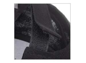 Macro detail of the adjustable velcro strap closure on a black baseball cap B709